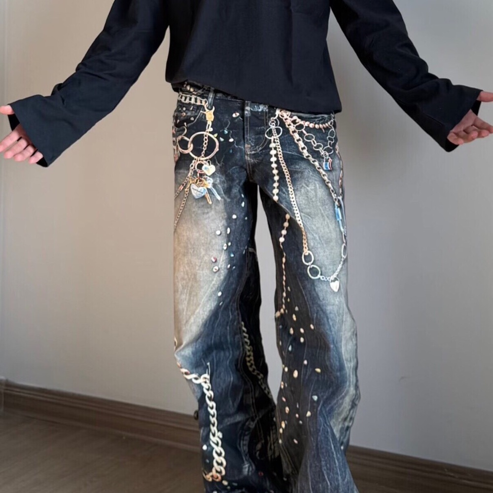 Acne Studios Black and Gray Men's Jeans with Chain Details